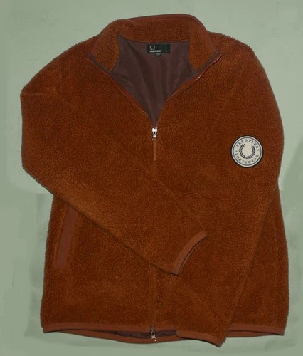 Fred Perry Brown vtg textured borg/sherpa fleece full-zip sweater jacket polo M image 2