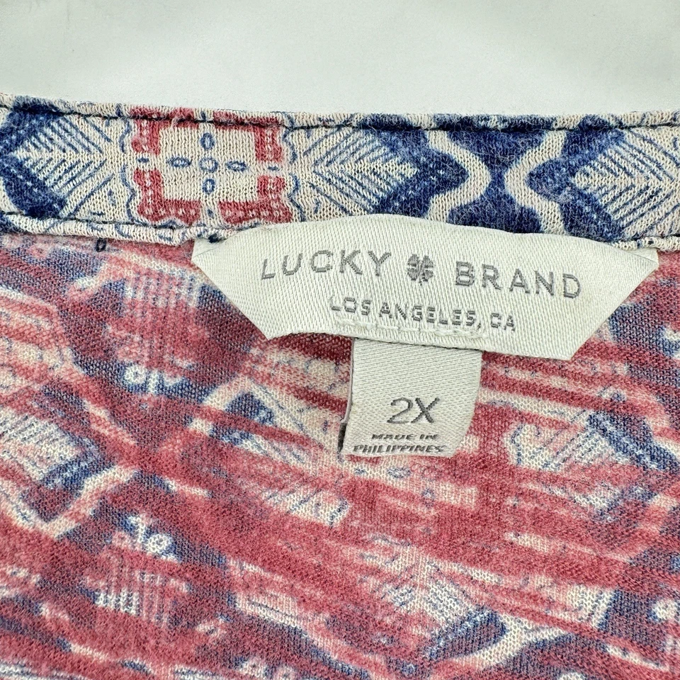 Lucky Brand Boho Printed Cotton Knit Top Sz 2X Red Blue Casual Office Split Neck - Image 4 of 4