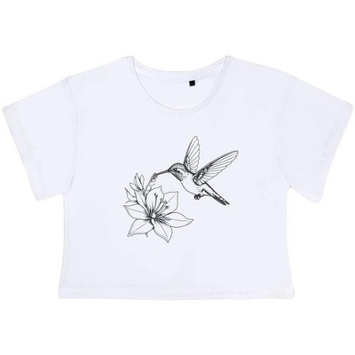 'Hummingbird & Flower' Women's Cotton Crop Tops (CO061859)