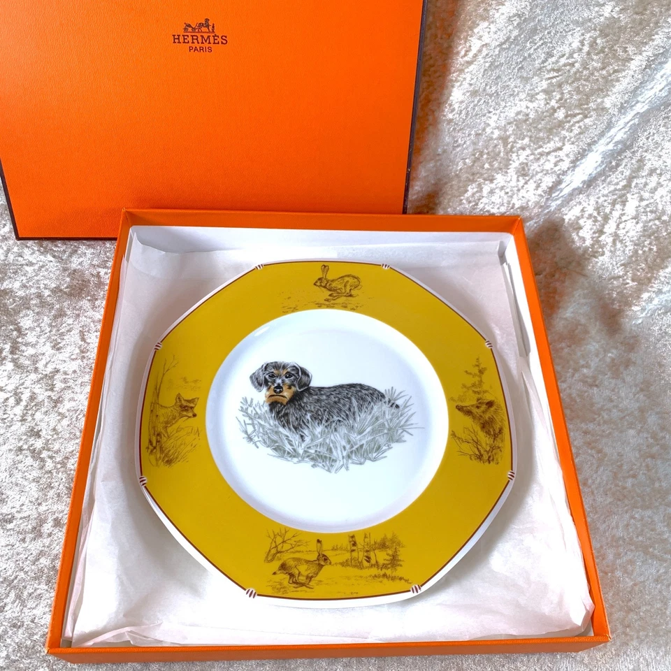 Plato de postre Hermes vajilla de porcelana amarilla Dachshund pelo de alambre con estuche Foto 2 de 4