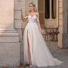 Off Shoulder A-Line Wedding Dresses Cap Sleeves Side Split Lace Applique Train