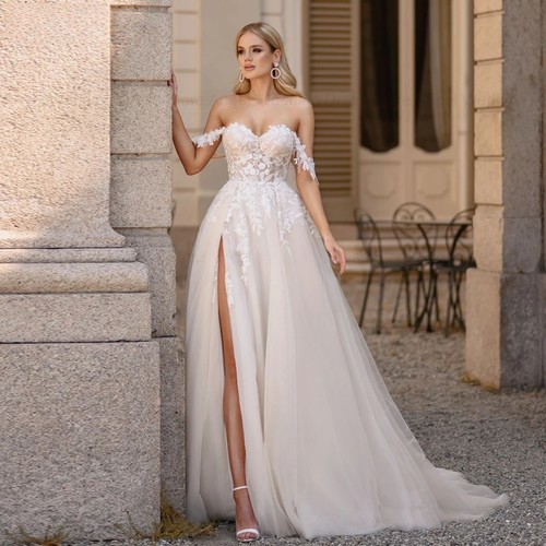 Elegant A-Line Wedding Dresses Off Shoulder Side Split Lace Applique Bridal Gown - Picture 2 of 8