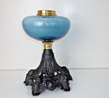 VICTORIAN GOTHIC CAST IRON OIL LAMP BASE  BLUE SNAKE SCALE GLASS AND BRASS FONT