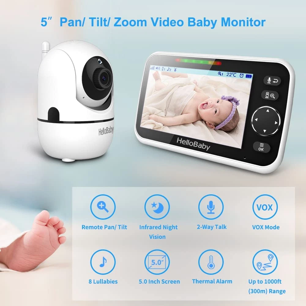 HelloBaby Monitor, 5''Display, Pan-Tilt-Zoom Video Baby Monitor