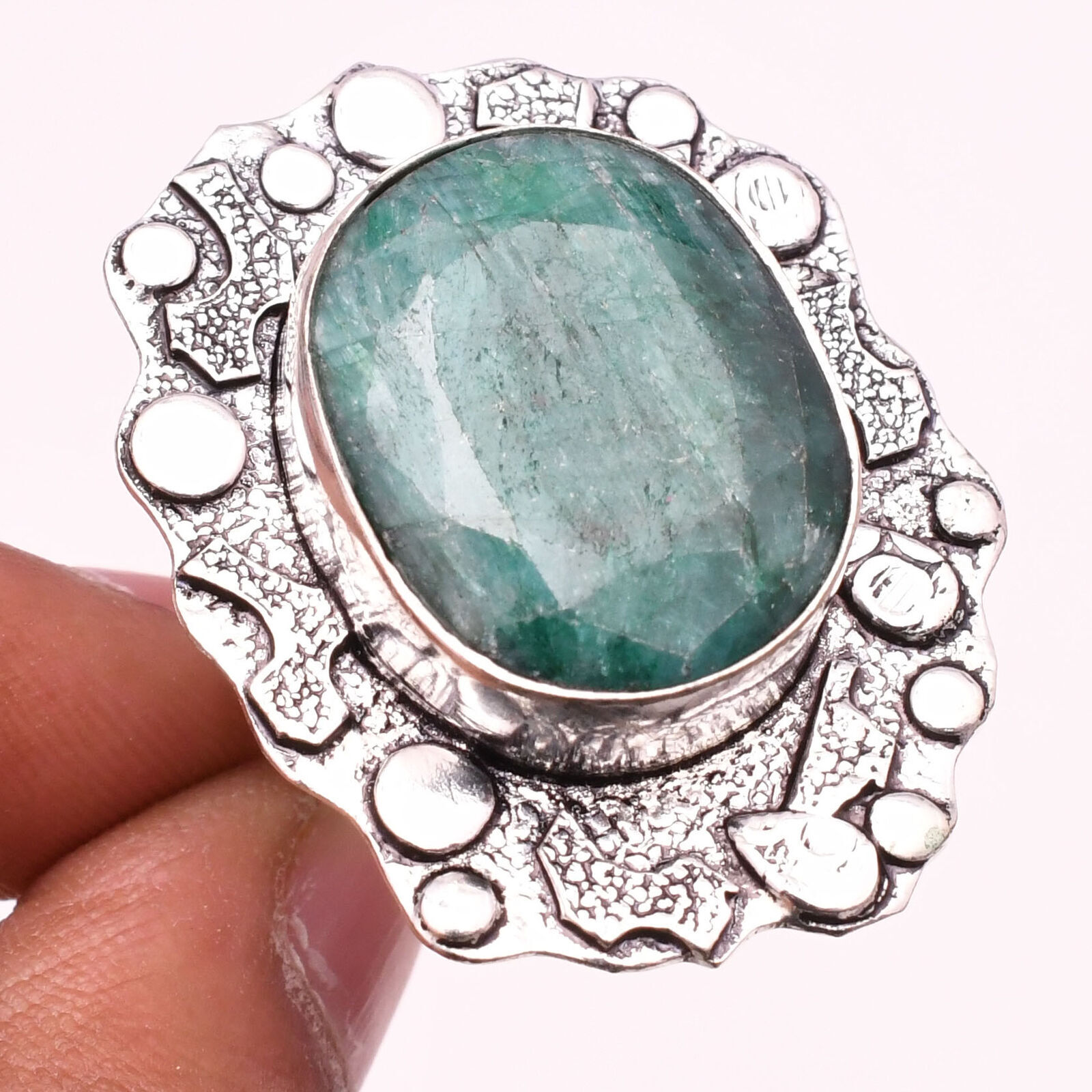 Bague Rétro En Argent Avec Agate Verte Et Perle