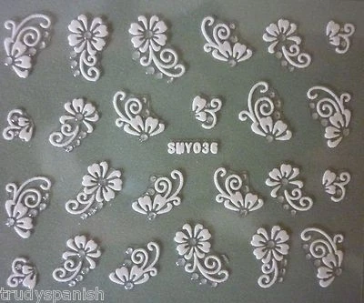 3D Nail Art Lace Stickers Decals WHITE SILVER Flowers Rhinestone Gel Polish (36)