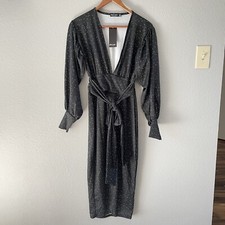 Nasty Gal Star Print Belted Plunge Midi Dress Black US 2