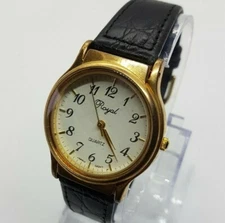 Royal Quartz Watch White Dial Gold-Tone Case Black Leather Watch Strap Watches