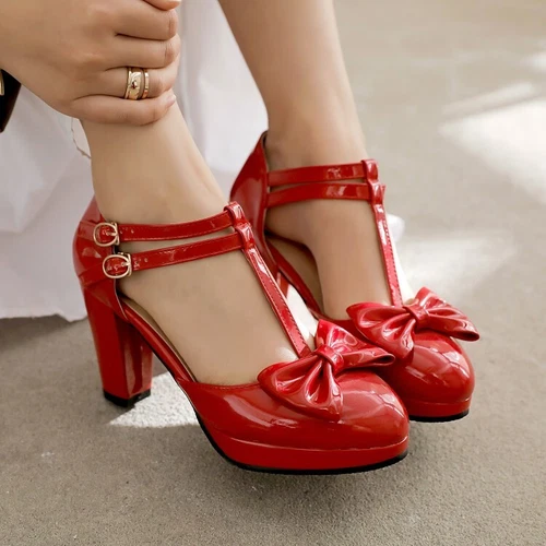 Womens Cute Pumps Bowknots Buckle Ankle T-Strap Shoes High Heels Party Shoes - Picture 2 of 25