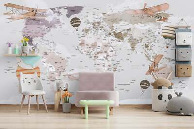 World Map  Balloons and Planes  Wallpaper - Large Wall Mural, Self-adhesive