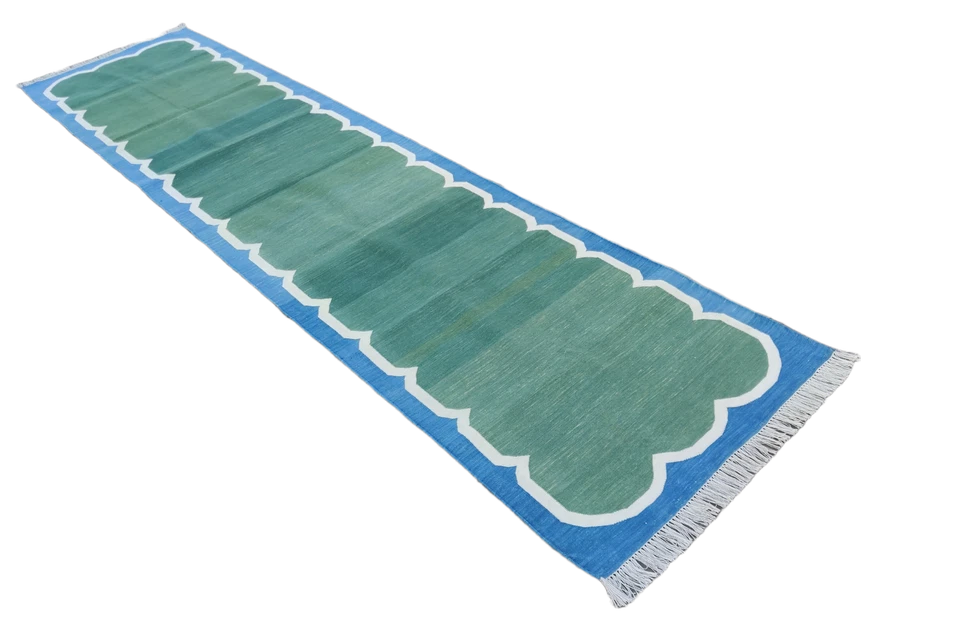 Handmade Cotton Area Rug, Flat Weave Rug, Green And Blue Indian Scalloped Runner - Image 3 of 4