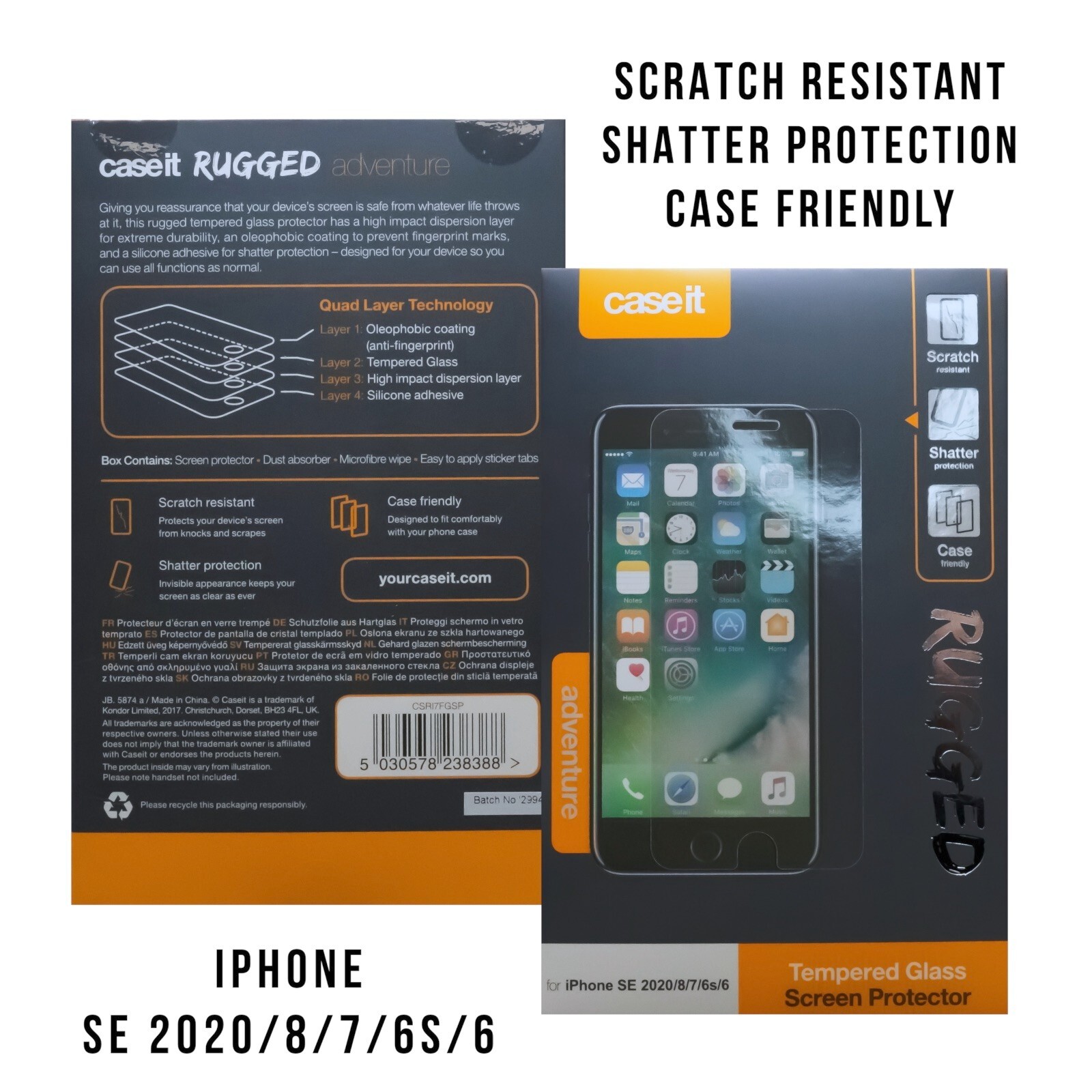 CaseIt Rugged adventure Tempered Glass protector for iPhone SE 2020, 8/7/6s/6