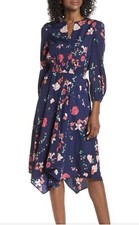 Eliza J Poet Sleeve Smock Waist Navy Floral Chiffon Dress Sz 8 Handkerchief Hem