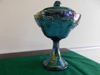 10” Indiana Blue Carnival Glass Compote Pedestal Harvest Grape Pattern