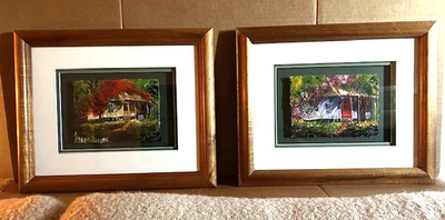 Christian Riso Signed Matted KOA Framed 2 Old Kaloa Town HousePaintings Kauai HI