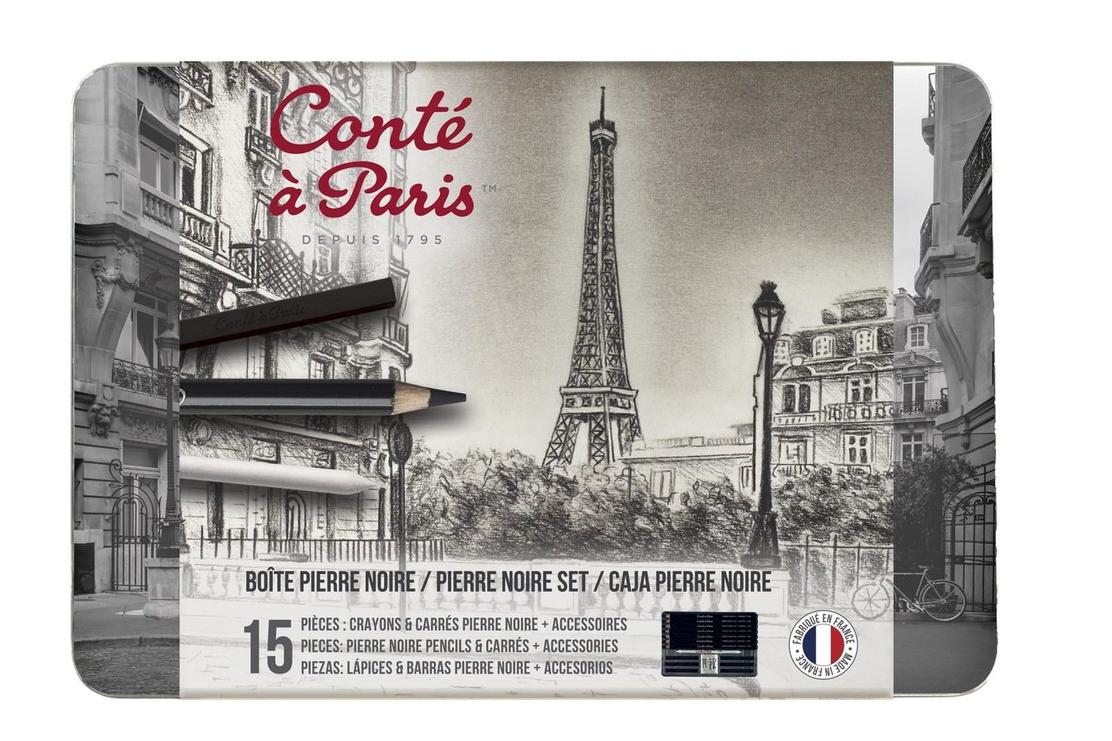 Boite metal crayons et carres pierre noire fins aux pigments riches