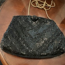 Le Regale Black Beaded Clutch Evening Bag Gold Chain Shoulder Strap Snap Lined