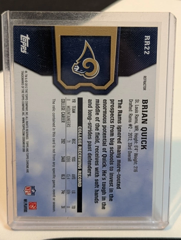 2012 Topps Chrome Brian Quick Rookie *player worn* patch Refractor 3/25 #RR22 - Image 2 of 2