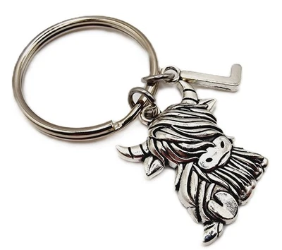 Highland Cow Keyring Personalised with Initial Charm – Cow Gift, Carded