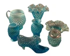 Vintage Fenton Blue Opalescent Hobnail Glass Lot Pitcher Vase Shoe Mustard Pot 7
