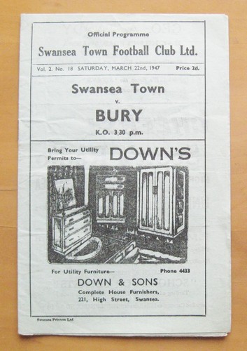 SWANSEA TOWN v BURY 1946/1947 *Programa de fútbol en muy buen estado*