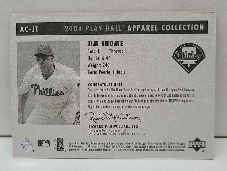 JIM THOME 2004 Upper Deck Play Ball Apparel GU JERSEY ~ PHILLIES ~ INDIANS ~ SOX - Image 2 of 2