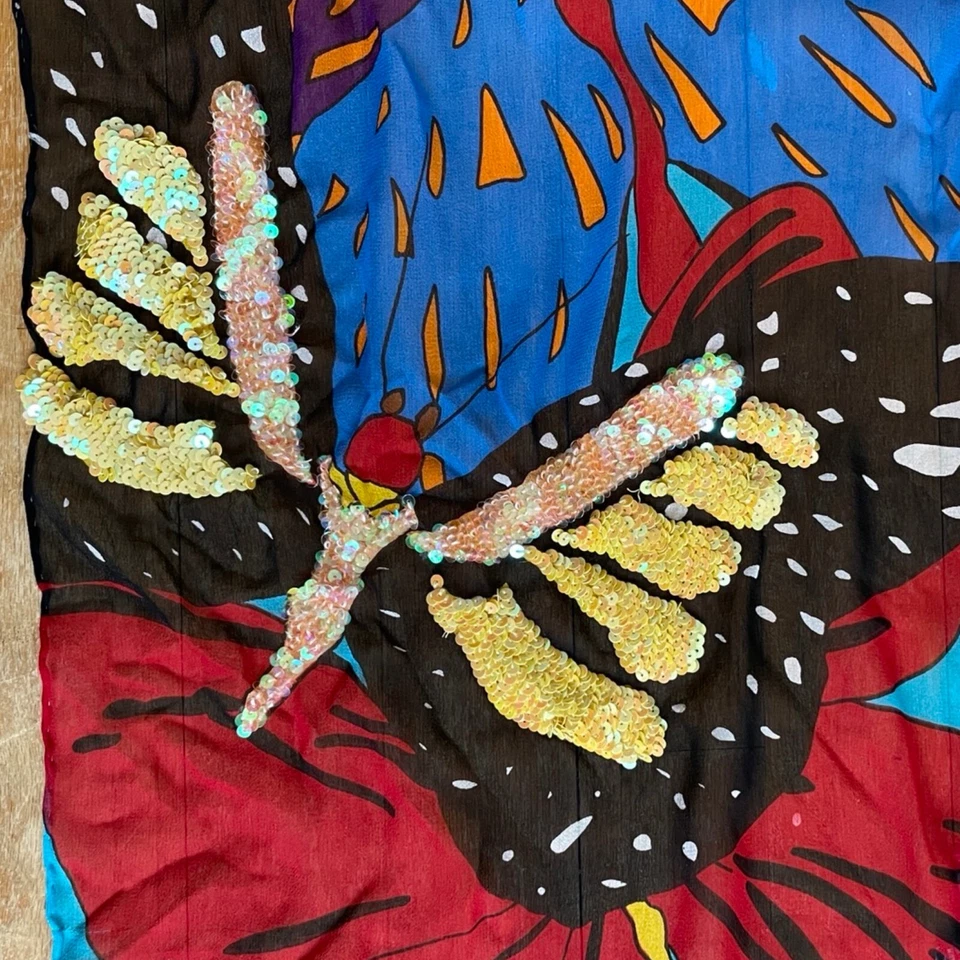 复古亮片蝴蝶丝绸围巾 1990 年代长方形五颜六色的领巾带条纹 — 第 3/4 张图片