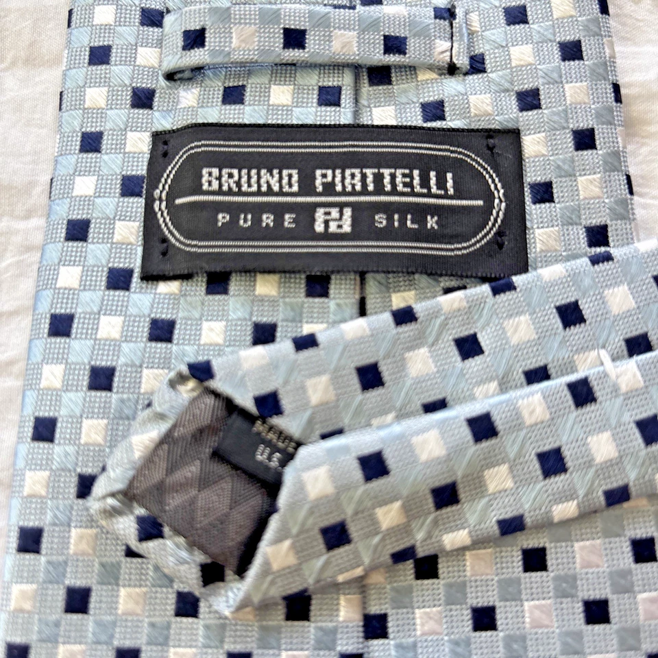 Corbata para hombre Bruno Piatelli 100 % seda verde claro con cuadrados plateados y negros 58x4 Foto 3 de 4