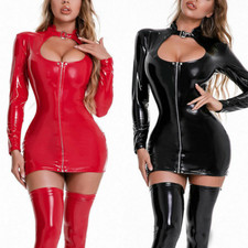 Women Sexy Mini Bodycon Dress PVC Leather Wet Look Vinyl Long Sleeve Night Club