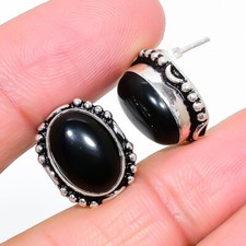 Black Onyx Gemstone 925 Sterling Silver Jewelry Stud Earring Size 0.75"