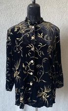 Citron Santa Monica Womens Blouse MEDIUM Rayon Silk 3/4 Sleeve Gold Bird Print