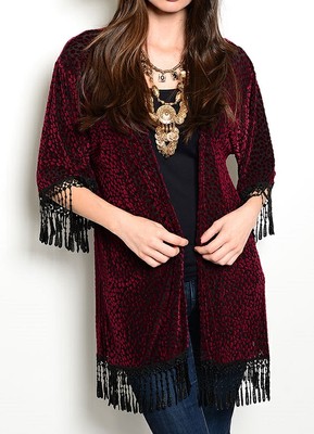 Leopard Flocked Burnout Fringe Trim 3/4 Sleeve Open Front Tunic Cardigan Cover