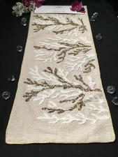 Coastal accent beaded Table runner Fabric Embroidered Beige Sea Corals 14x36