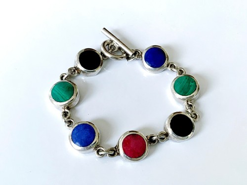 Mexico Sterling Silver 925 Multi Color Stone Southwestern Link Toggle Bracelet