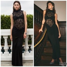 Anthropologie Delfi Collective Addison Sheer Lace Maxi Dress Black Ruched Size M