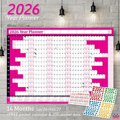 PLANNER HEAD 2026 Calendar Holiday Year Planner A3 Wall Chart HOT PINK +FREE 200 Sticker Dots