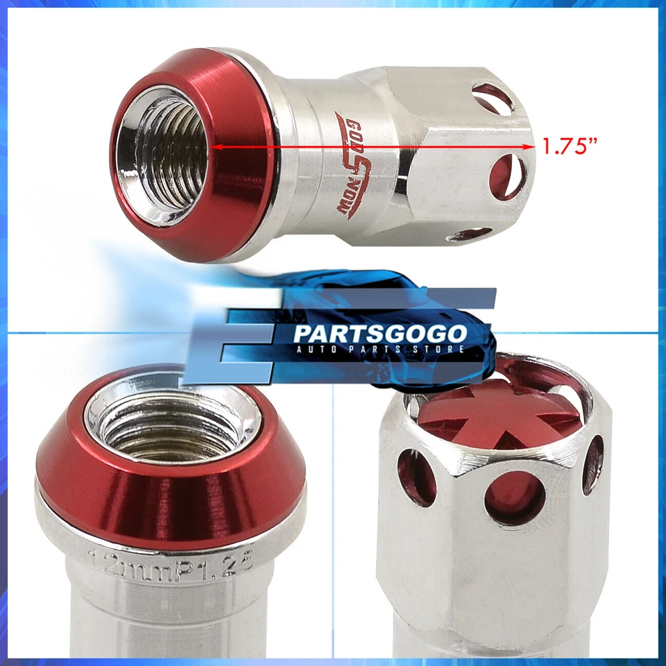 20PCS M12 x 1.25mm Open/Closed Extended Heavy Chrome Steel Racing Lug Nuts Red Foto 2 de 4