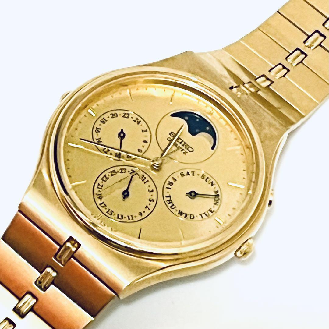 Seiko 7F39-8020 Moon phase Men's Quartz Round Gold Japan Made