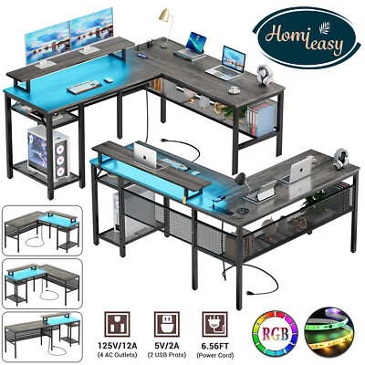 55'' Reversible L-Shaped Computer Desk Gaming Desk with Smart LED Light ＆ Outlets