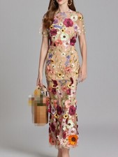 Women's Personality Fashion Mesh 3D Flower Embroidery Package Hip Evening Dress