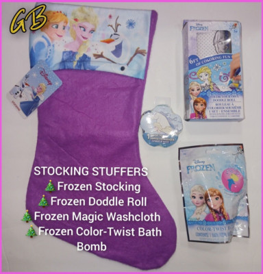 Set Of 4 Frozen Christmas Stocking w/Magic Wash Cloth -Bath Bomb & Doddle Roll