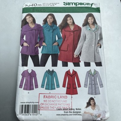 Simplicity Schnittmuster Mantel Jacke 14-22 Übergröße Petite 4 Kragen UNGESCHNITTEN 1540