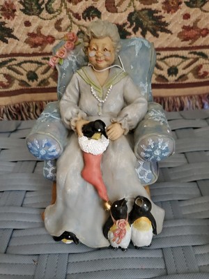 P. Caldwell Grandma in Chair With Penguins Christmas Stocking Signed