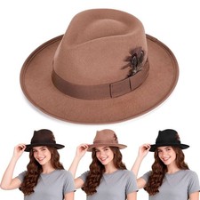 Women Mens Classic Fedora Hats Short Brim Feather Dressy Hat Panama Dress Hat US
