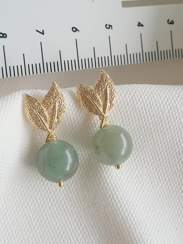 Aventurin Edelstein Hängeohrringe, Vergoldete Ohrhänger 10 mm Runde Perlen - Bild 3 von 4