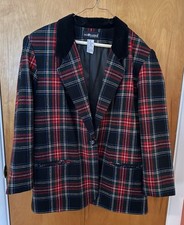 VTG Y2K SAG HARBOR Plaid Blazer Velvet Collar Multi-Colored Wool Blend Wm 18 DC