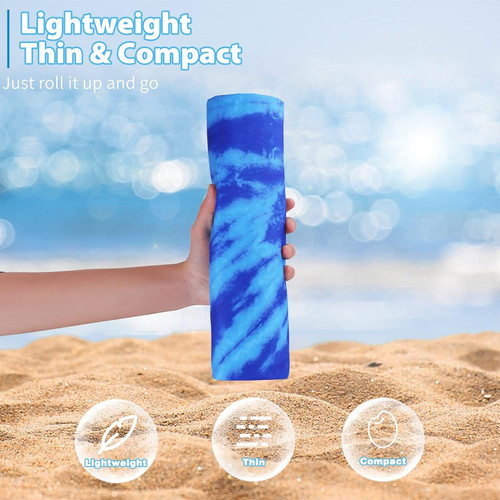Microfiber Thin Beach Towel Lightweight 71 x 32 Inches, Blue Tie Dye - Picture 2 of 7