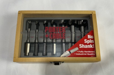 #ad Vintage Porter Cable Forstner Bit Set 7pc 1 4quot; 1quot; No Spin Shank Wood Box $19.85