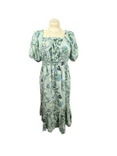 Women's M Loft Maxi Dress Green With Multicolor Floral Print Short Sleeves