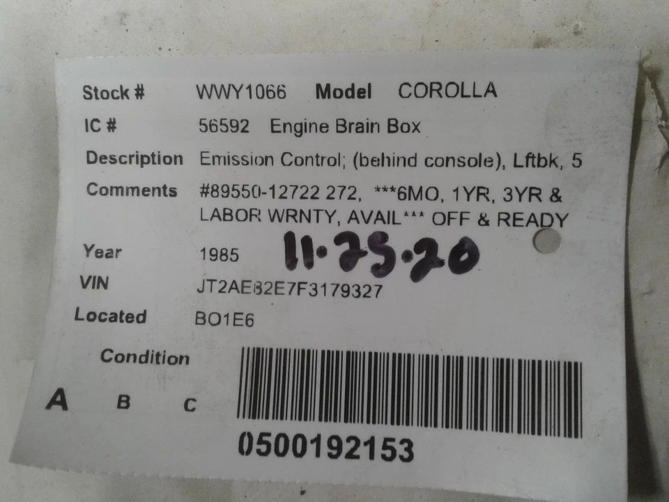 Used Engine Control Module (ECM) fits: 1985 Toyota Corolla Emission Control behi - Image 3 of 4